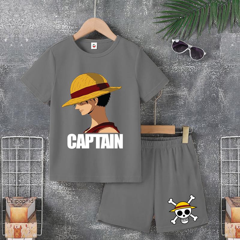 Baju Anak Stelan Usia 4 -10 Tahun LUFFY ONE PIECE Kaos 3/4 Cowok Cewek Celana Pendek Harian 4