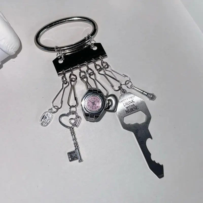 Gantungan kunci tamagoci korea tas unik lucu vintage aestethic  all in one jam tangan jempol liontin stainless logam perak bag charm keychainK