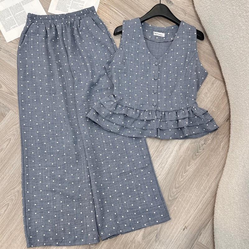 Q75 Set áo cổ V chấm bi bèo cột nơ phía sau + quần dài vải đũi form 40-60kg mang vừa phù hợp đi chơi . di du lich chất mát thoáng thấm hút mồ hồi Hằng tidy