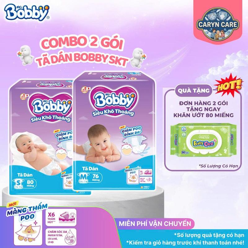 Combo 2 gói Tã dán Bobby NB70/ S80/ M76/ L68/ XL62/ XXL56 miếng
