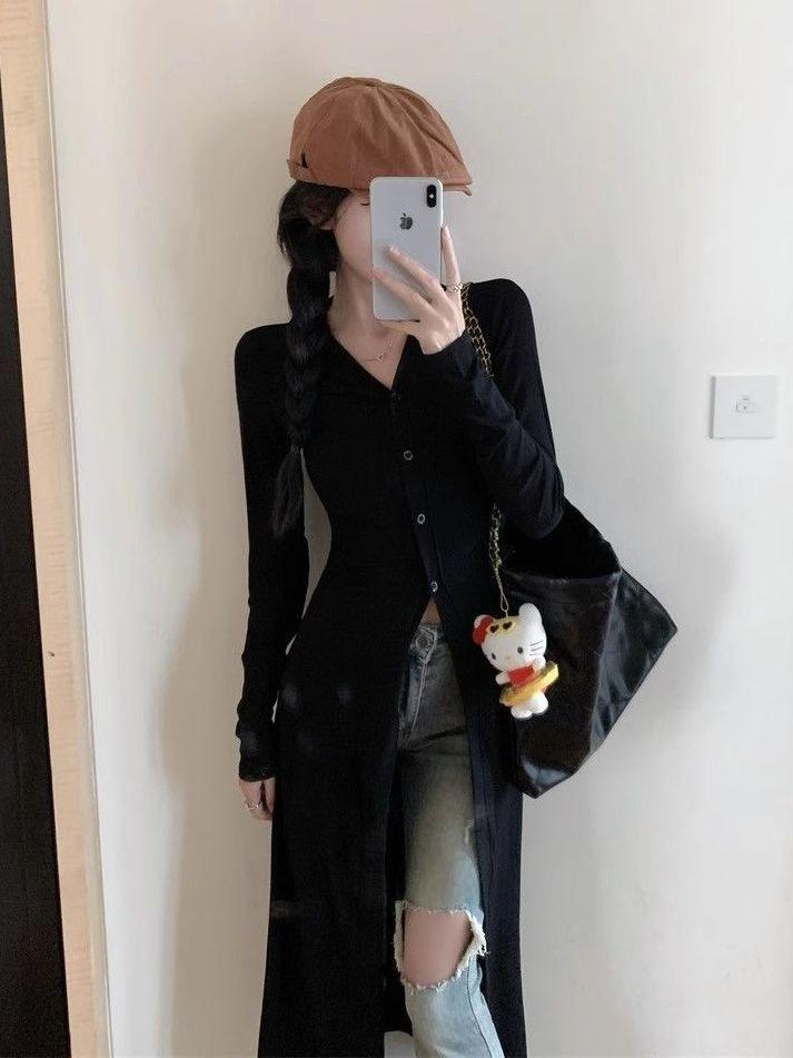Product Introduction of Women's Japanese cardigan, cold wind, Internet celebrity royal sister Fan, long ice silk cardigan, fashionable and versatile, lazy, sweet and cool, fried street, thin top tide Black Slim-fitting 16