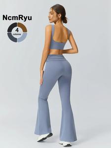 Conjunto de chándal deportivo para mujer con top corto sin espalda y sin mangas y leggings acampanados con fruncido, Conjunto deportivo transpirable para yoga, gimnasio, entrenamiento y para correr, Chándales de mujer para todas las temporadas