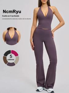 Conjunto deportivo de dos piezas para mujer: top halter con cuello en V y pantalones acampanados de cintura alta, tejido elástico transpirable, ajuste 3D, efecto adelgazante