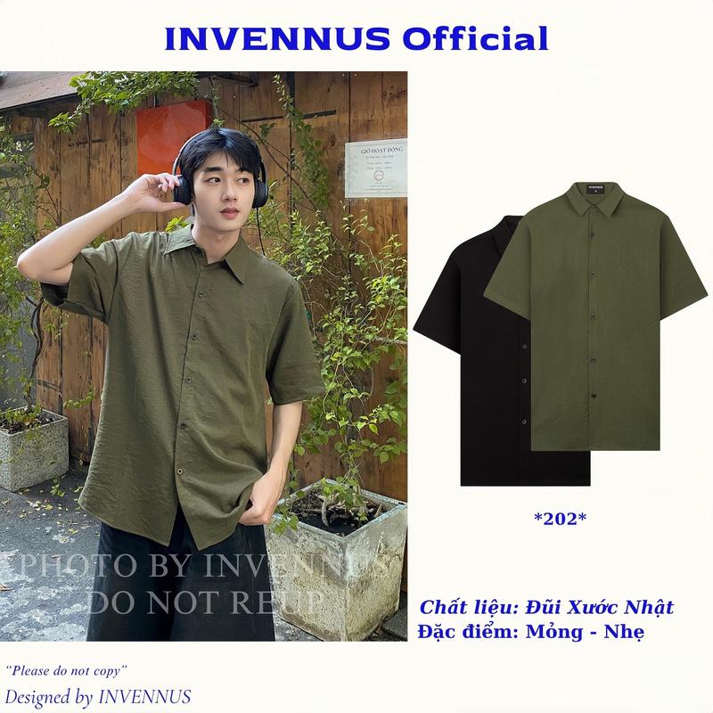 202 - Áo sơ mi ngắn tay INVENNUS thiết kế cổ đức, form regular, chất liệu đũi xước mềm mại thoáng mát nam menswear shirt