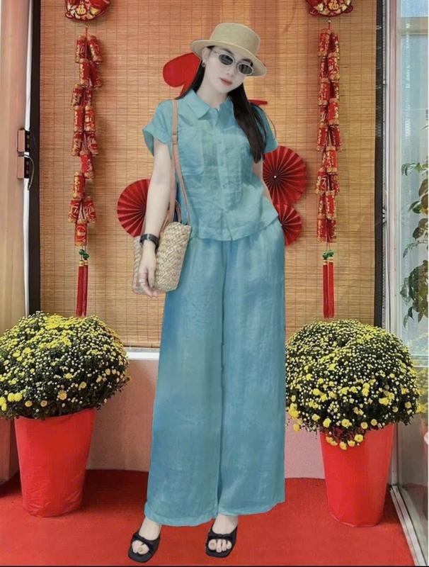 Bộ đũi nữ thiết kế mới – set đồ bộ hot trend dáng rộng thoải mái tôn dáng che bụng tốt – áo tay ngắn cổ sơ mi phối quần dài ống suông – chất đũi tơ mềm mát không nhăn lên form cực đỉnh