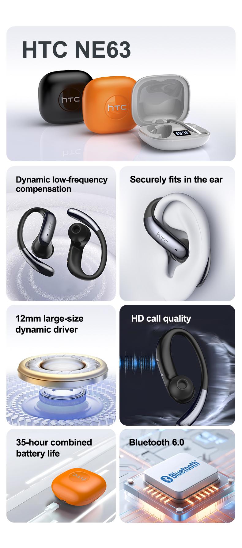 HTC NE63 OWS AI Headset Bluetooth 6.0 Sport Earbuds Layar LED TWS Noise Reduction HiFi Bass Stereo Wireless Gaming Headset dengan AI dan Noise Reduction