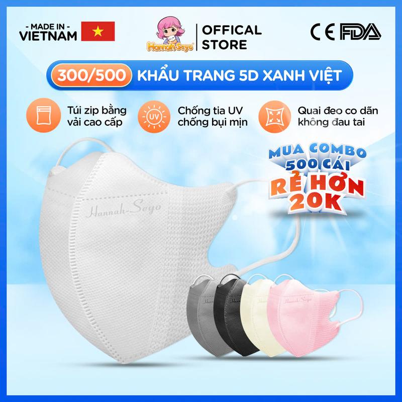 COMBO GIÁ HỜI Thùng 300c 500c chiếc Khẩu trang 5D Xanh Việt Hannah Seyo chống tia UV Chống nắng & Bụi Mịn 3 Lớp Cao Cấp Thiết Kế Thông Minh Quai Co Giãn Chống Hơi Nước