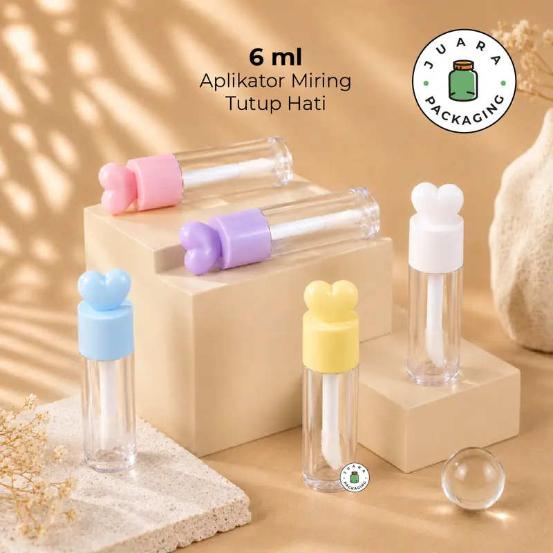 Wadah Lipcare Acrylic 6ml Tutup Bentuk Hati Warna Pink Ungu Biru Kuning Putih – Botol Kosmetik dengan Aplikator Miring Doe Foot, Cocok untuk Lip Serum, Lipbalm, Lipgloss, Liquid Lipstick Refill