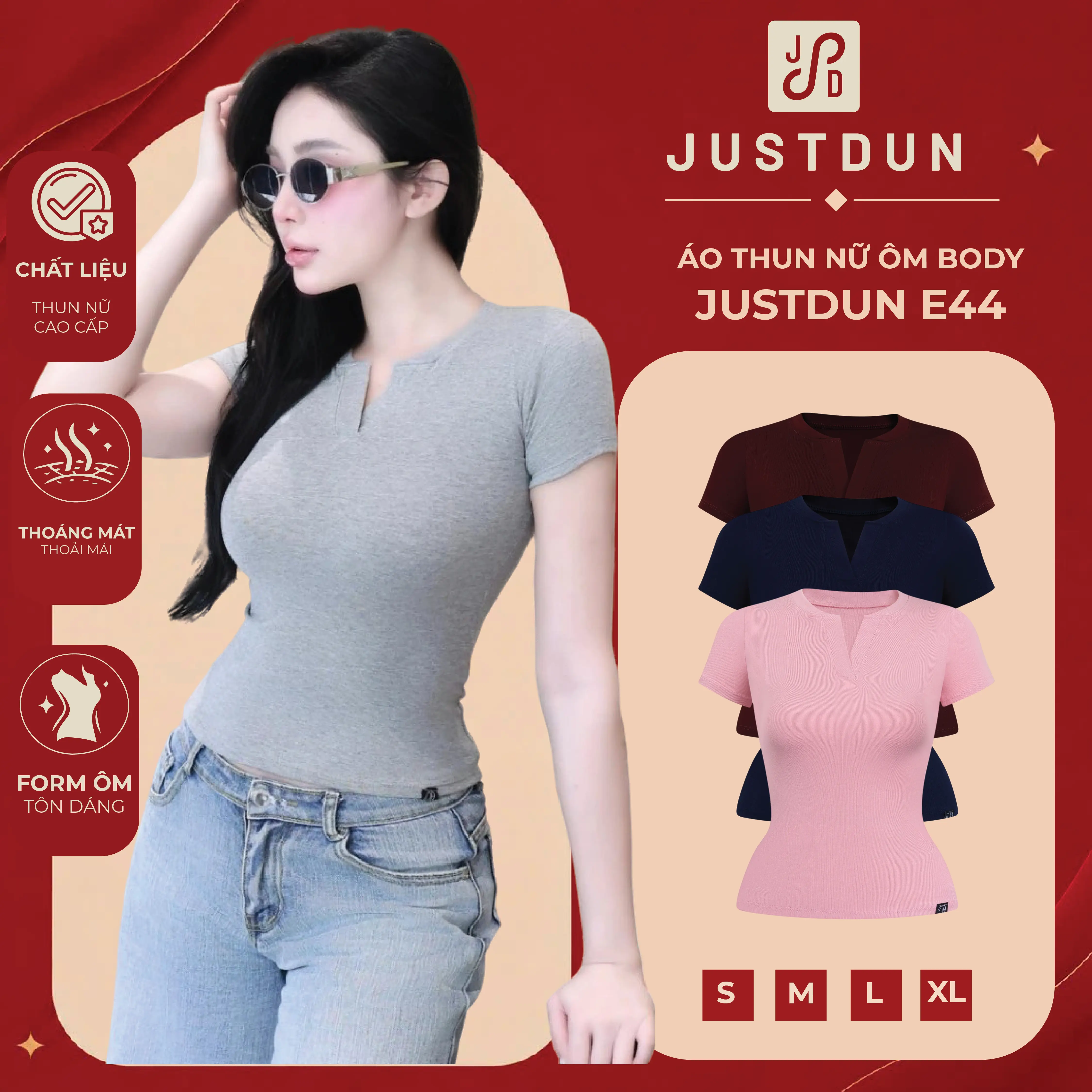 JUSTDUN Áo Thun Nữ Ôm Body JUSTDUN E44 – Cổ Trụ Tàu Tay Ngắn, Vải Cotton Mềm Mịn Co Giãn 4 Chiều, Thoáng Mát