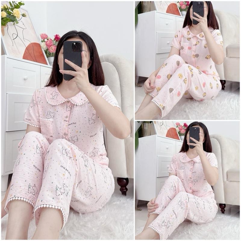 (Châu)Bộ cổ sen phối ren hạt mềm hoạ tiết dễ thương chất đũi mềm mịn mát