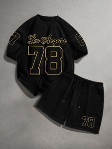 メンズ「Los Angeles 78」ブラックTシャツ＆ショーツ2点セット、ゴールドプリント入りスポーツ・レジャーウェア、ストリート＆カジュアル用