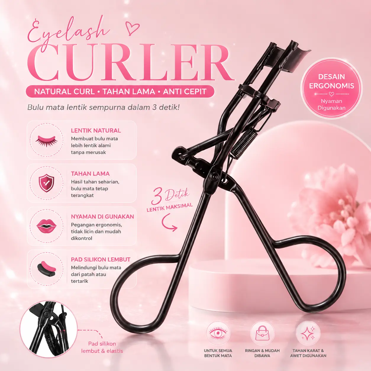 Penjepit Bulu Mata Lentik - Eyelash Curler dengan Bantalan Silikon Lembut & Pegangan Ergonomis untuk Hasil Lentik Natural dan Tahan Lama - Maskara