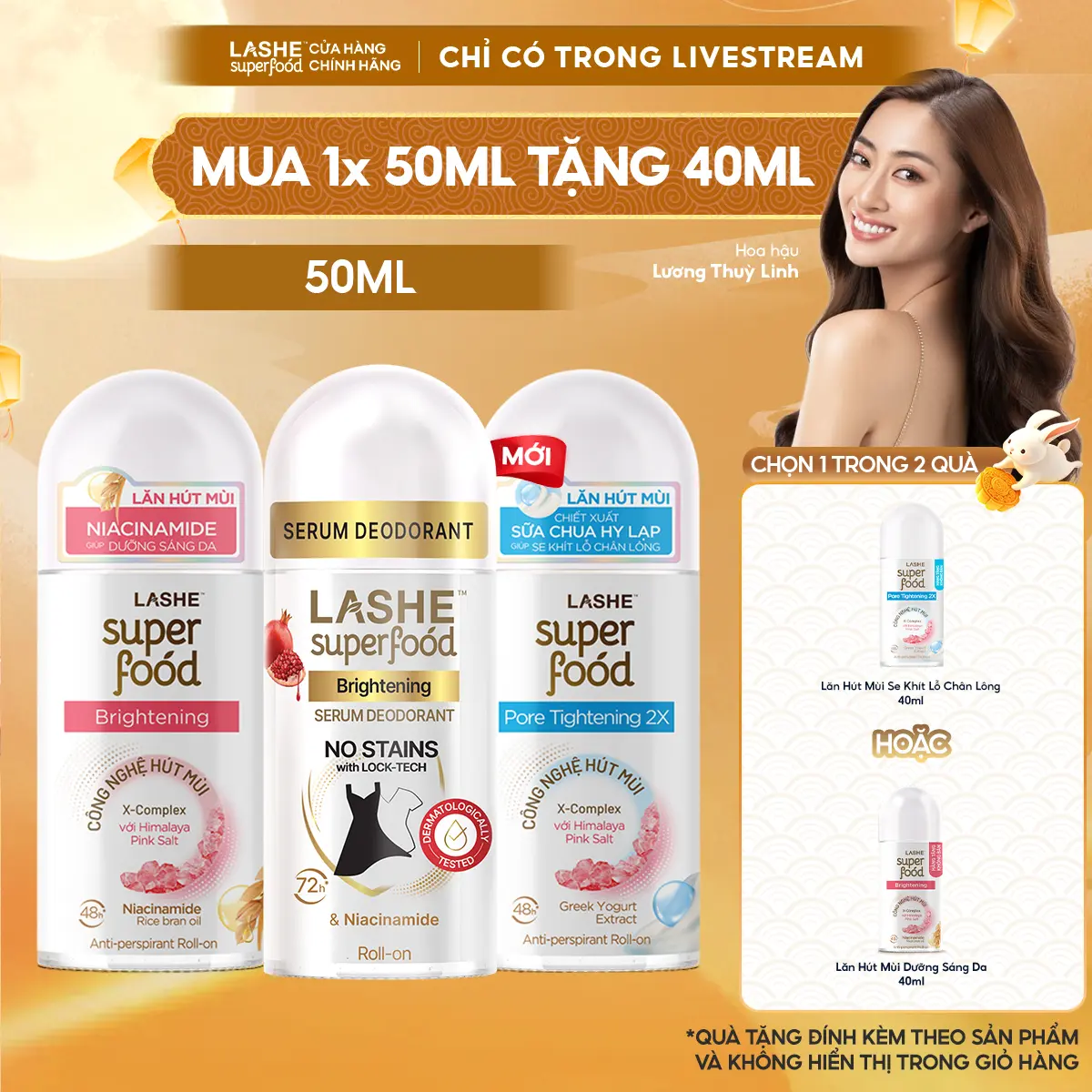 Lăn Hút Mùi LASHE SUPERFOOD 50ML + Tặng Lăn Hút Mùi Dưỡng Sáng Da/Se Khít Lỗ Chân Lông 40ML [L]