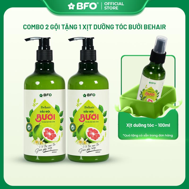 Combo 2 Dầu Gội 500ml Và 1 Xịt Dưỡng Tóc 100ml BFO Behair Tinh Dầu Bưởi Và Thảo Mộc Giúp Giảm Gãy Rụng Dưỡng Tóc Kích Mọc Tóc Chắc Khỏe Suôn Mượt
