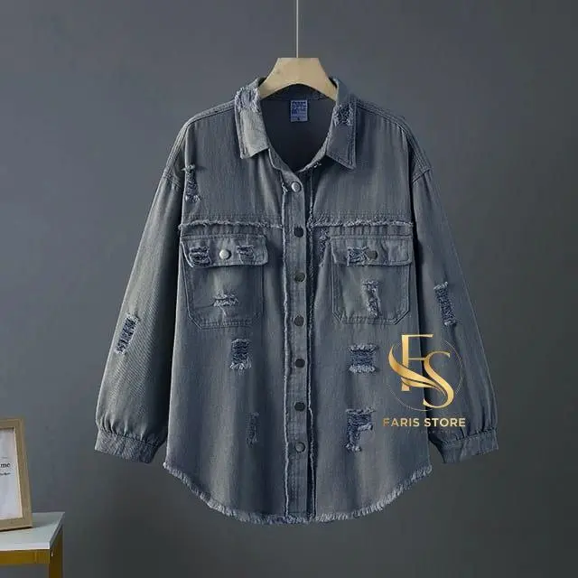Jaket Denim Kemeja Jeans Oversize Sobek Lengan Balon Wanita 0