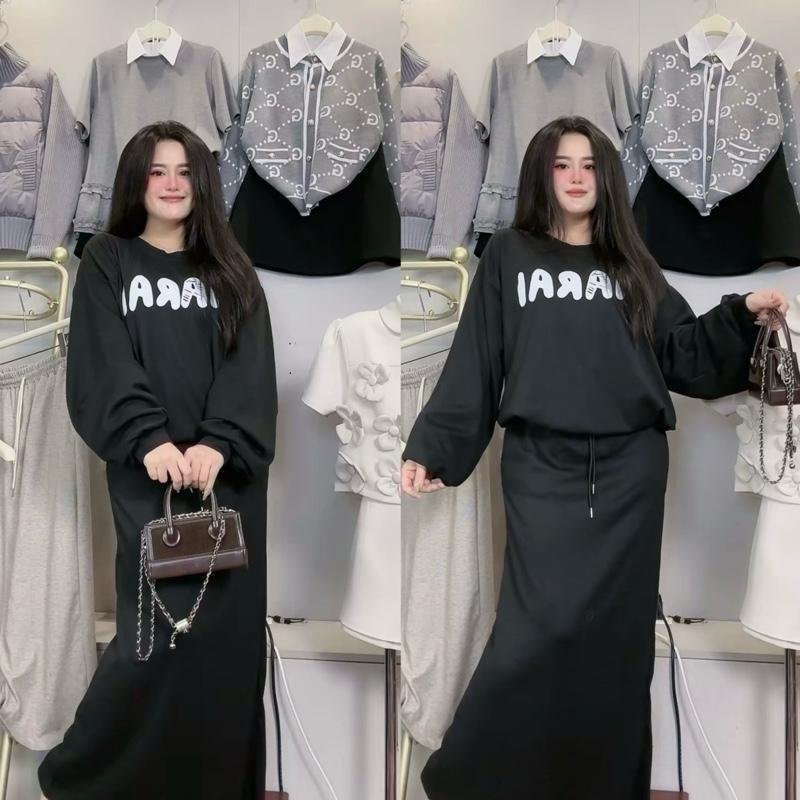 Set áo MARAI + chân váy dài - set áo tay .dài in chữ kèm chân váy dài có dây điều chỉnh BIGSize