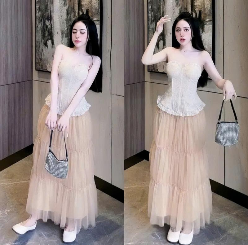 Set váy nữ áo gấm cúp ngực phối bèo mocking sau mix chân váy voan tơ dáng dài xòe xinh xắn sang chảnh cho các nàng diện đi chơi đi tiệc.