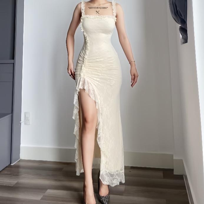 Đầm body nữ ren hoa họa tiết hai dây chiết eo xẻ tà sang chảnh Lolystore dress women NH429