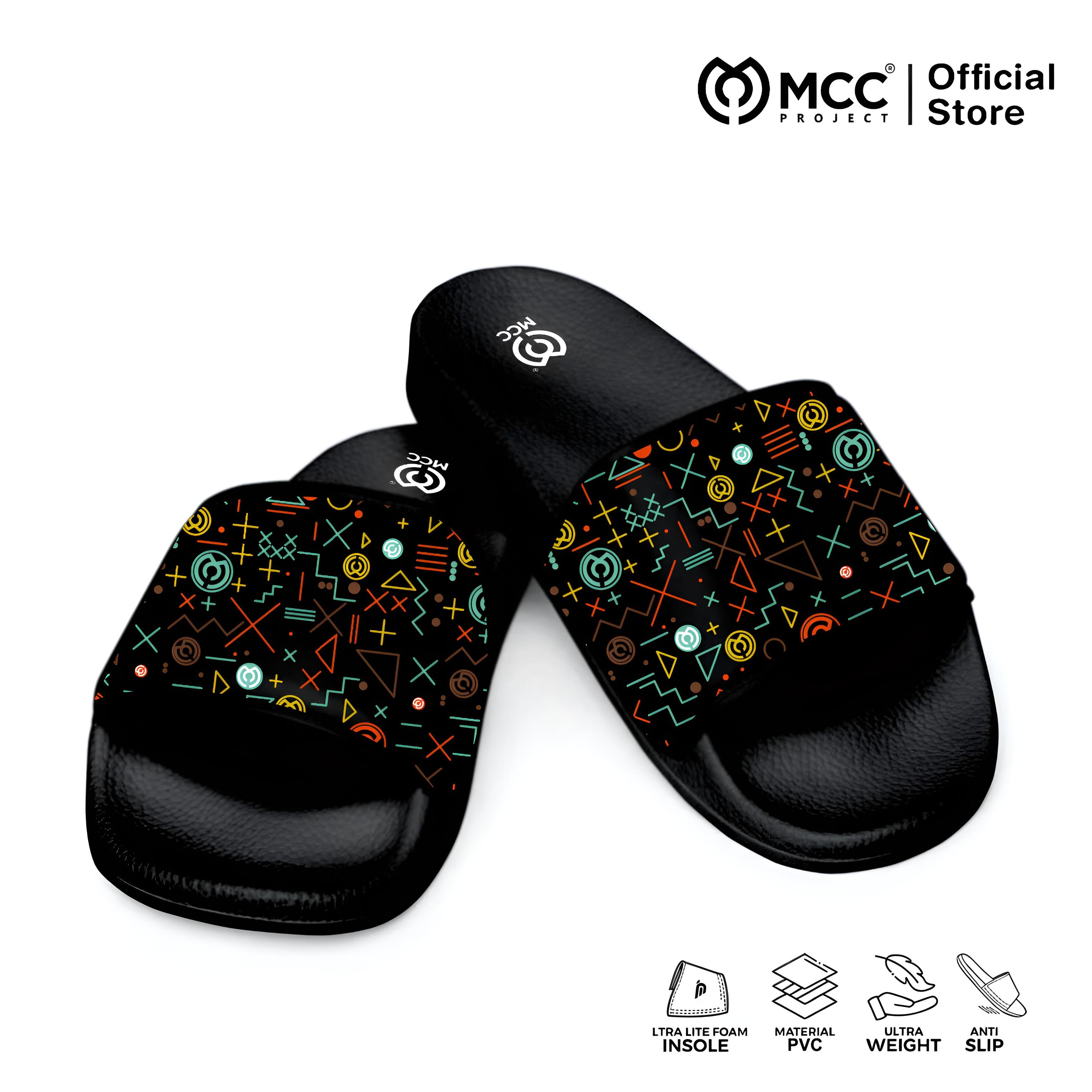 MCC PROJECT Sandal Selop Pria & Wanita Motif Symbol New Sol Hitam 2cm Tinggi Material Sintetis Leather & Karet PVC Kasual Shoes Sendal