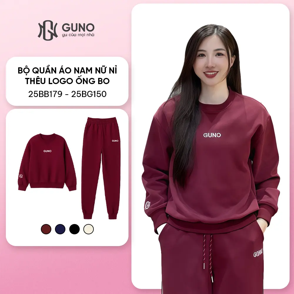 GUNO-Bộ quần áo NỈ NAM NỮ GUNO logo tay quần bo gấu BASIC SP5 |25BG150/25BB179 | BigBuy360 - bigbuy360.vn