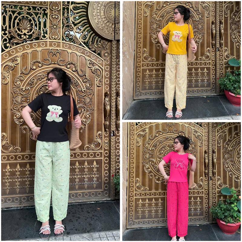 Set bộ áo thêu hình gấu phối quần baggy bèo lai thời trang trẻ trung