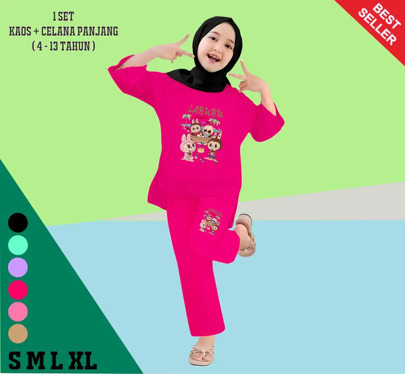 Setelan Kaos Anak Perempuan Celana Panjang Labubu Cafe Fashion Usia 4-13 Tahun Baju 2