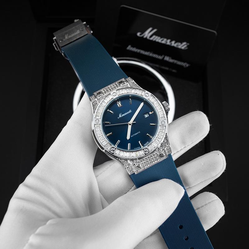   2212  form HB 1 viền đá - N229 - Đồng Hồ Nam Cơ Mmassati – Mặt Đỏ Khảm Trai Sang Trọng Viền Đính Đá Lấp Lánh Dây Thép Không Gỉ Cao Cấp 