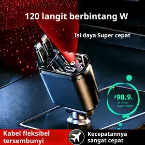 Charger Mobil Serbaguna 4 in 1 dengan Atap Langit Bintang Lampu LED, Dilengkapi Kabel Data Ganda Bisa Ditarik untuk Fast Charging Cerdas, Pengisian Cepat dengan Proteksi Keamanan Ganda, Aksesoris Wajib Cas Dalam Mobil Universal