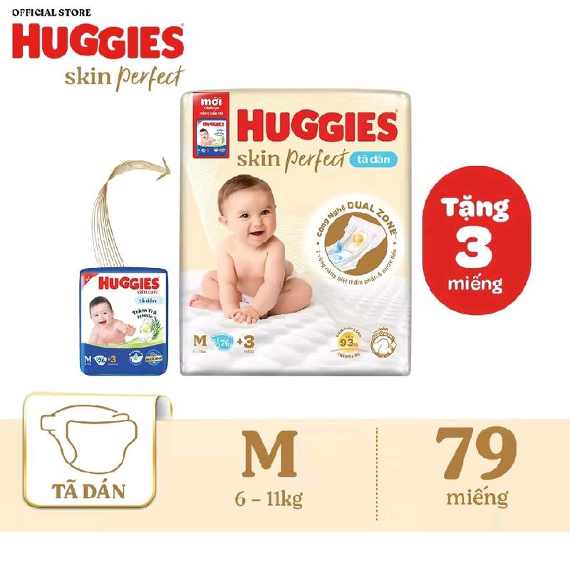  BIM  Tã Dán SIZE S80+2   M76  M46 CỘNG 3 MIẾNG HUGGIES SKINPERFECT VỚI HAI VÙNG THẤM Bé sơ sinh tã dán sơ sinh bé trai bé gái  