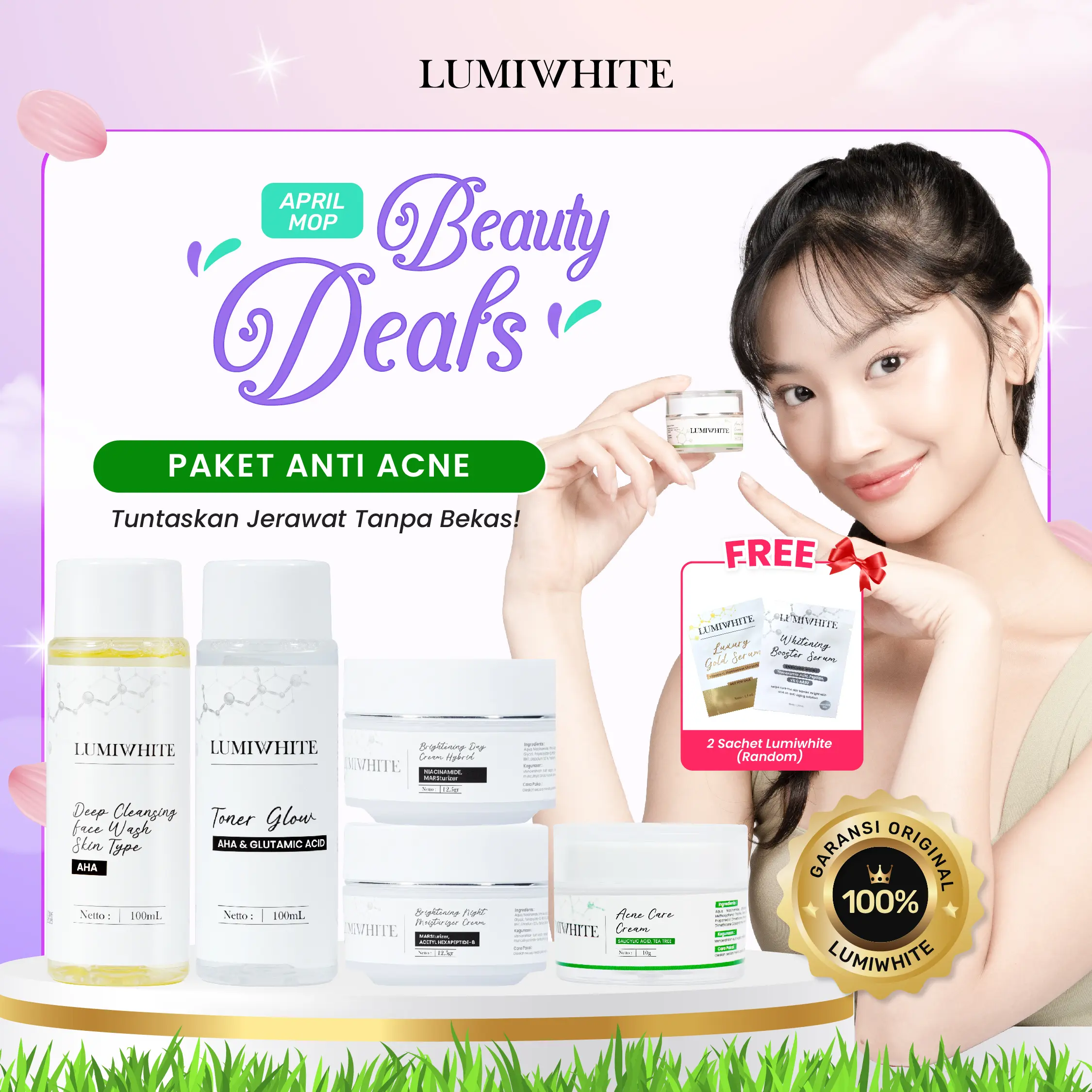 LUMIWHITE - Paket Acne Care Lengkap Untuk Jerawat (Facewash, Toner, Day Cream, Night Cream dan Acne (FREE 2 SACHET RANDOM)