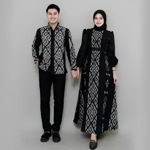 SET COUPLE BAJU TENUN TERBARU - COUPLE KEKINIAN - BAJU KONDANGAN TERBARU - MOTIF MAXXY CLARA BLACK Gamis Hitam Sarimbit Dress Panjang Wanita Muslim Pasangan Lebaran Setelan Polos Remaja Dewasa Katun Pesta