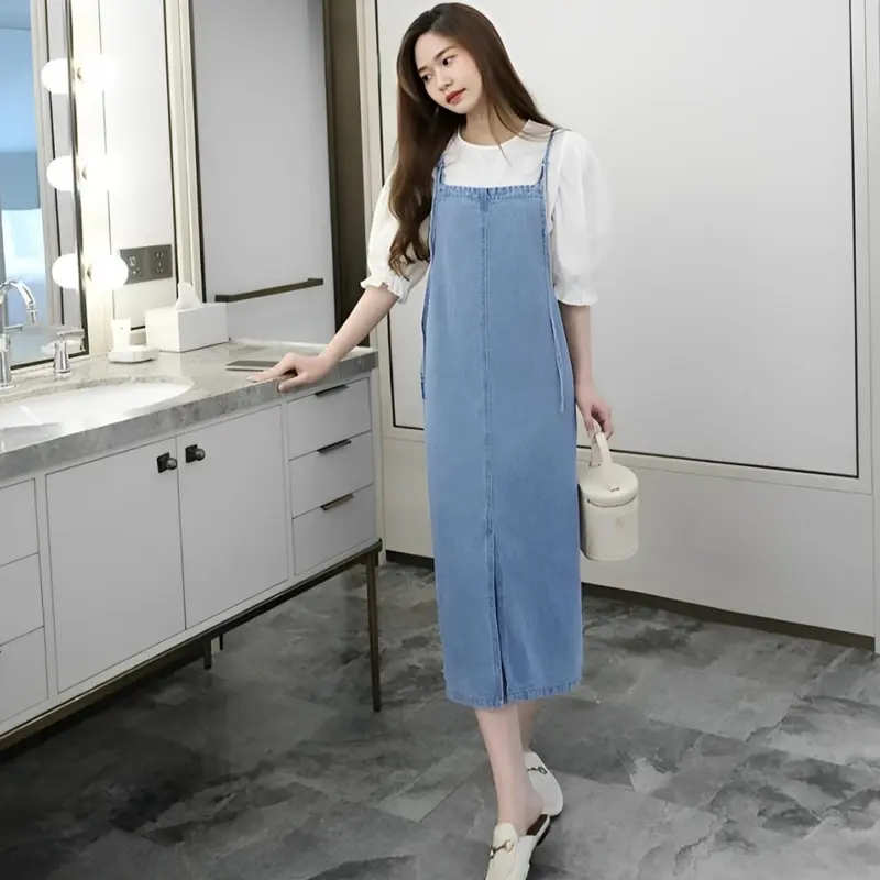 Overall Jeans Wanita Dress Korean Style Skirt Midi Long Rok Denim Casual Retro Panjang Dewasa Simple Remaja 0