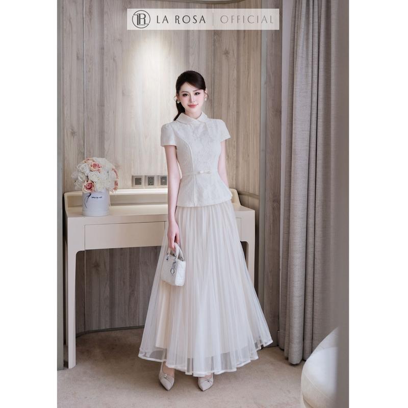 Set Váy Thanh Lịch Dự Tiệc La Rosa, Áo Ren Dáng Peplum, Cổ Sen, Dây Nơ Eo Phối Chân Váy Lưới Dài Xòe Bồng Tiểu Thư S1082
