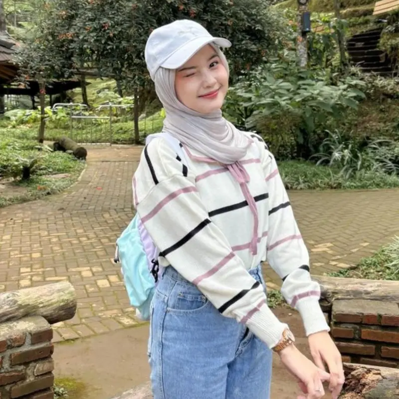 NUNANE.ID -Sweater Rajut two tone striped - Atasan Blouse Wanita  polo pita Motif Garis Korean Style DAVIRA 8
