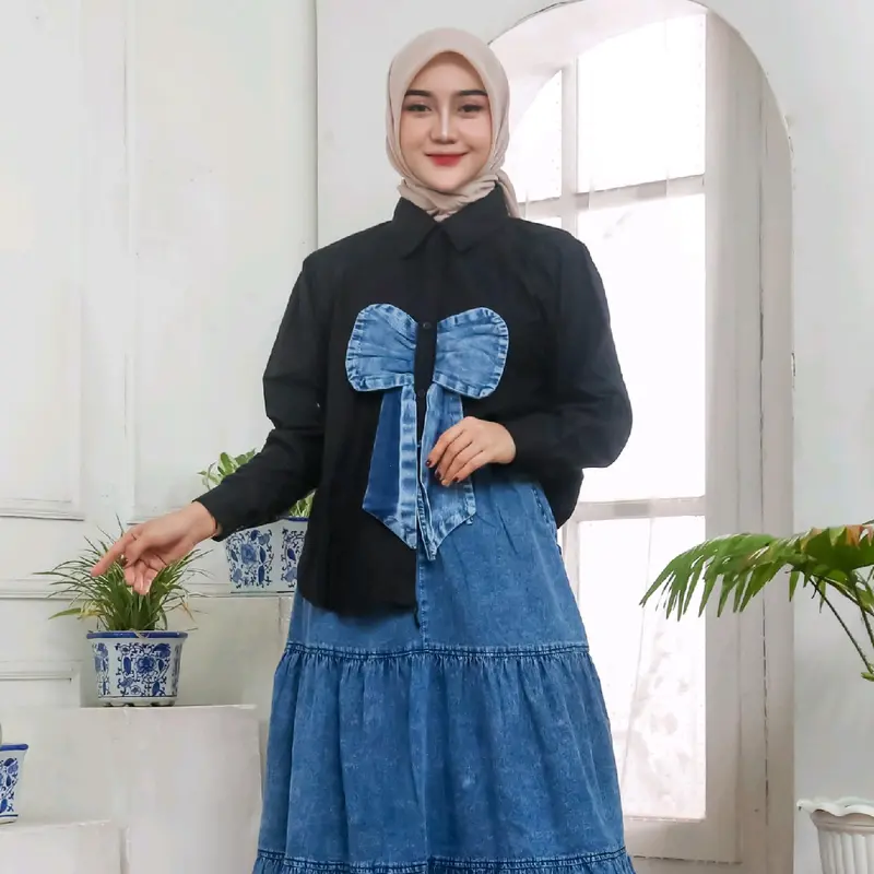 Atasan Kemeja Buffy Pita kemeja Wanita Oversize Casual Basic Katun Variasi Kancing Aktif 3