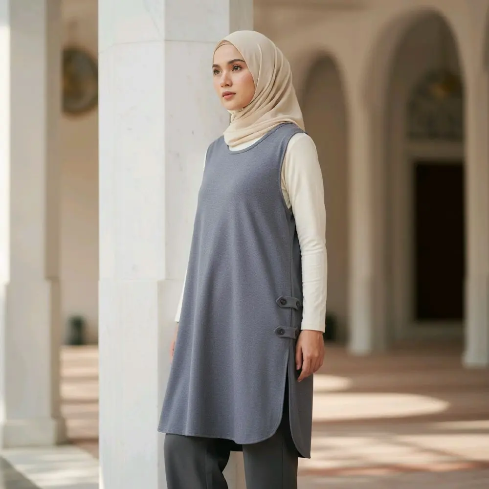 outer wanita bahan beytery/rompi wanita muslim Nyaman Lembut Belah Samping Kancing Santai Tunik