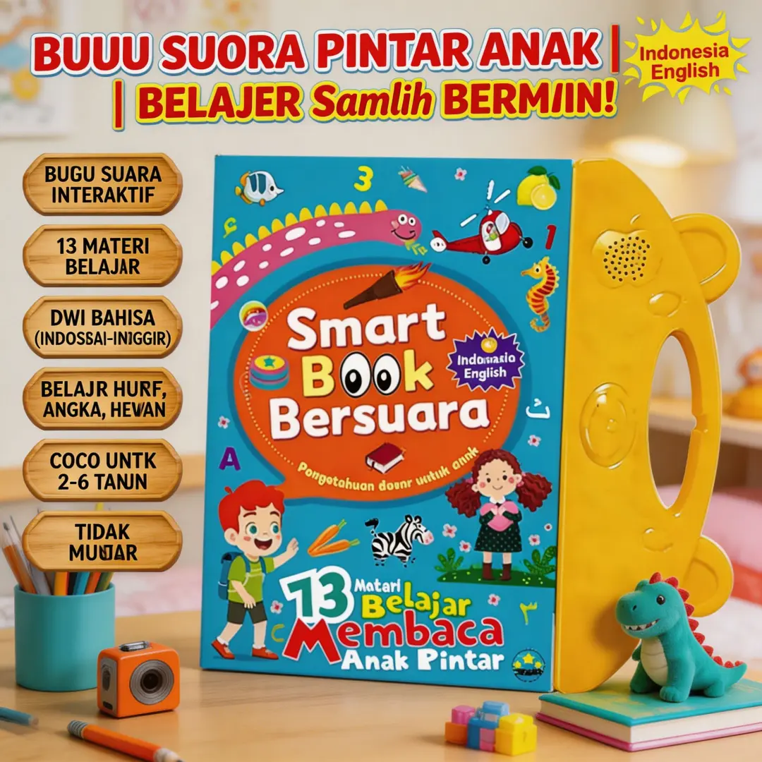 Buku Anak Pintar Elektronik Bersuara Audio Smart Book 3 Bahasa Belajar Membaca Mendengar Mainan Edukasi Paud Tk Usia 3 6 Tahun 26 Materi Multifungsi Pengenalan Warna Hewan Buah Bentuk Angka Dinosaurus Tubuh Alat Rumah Lagu Anak Indonesia Inggris  COD