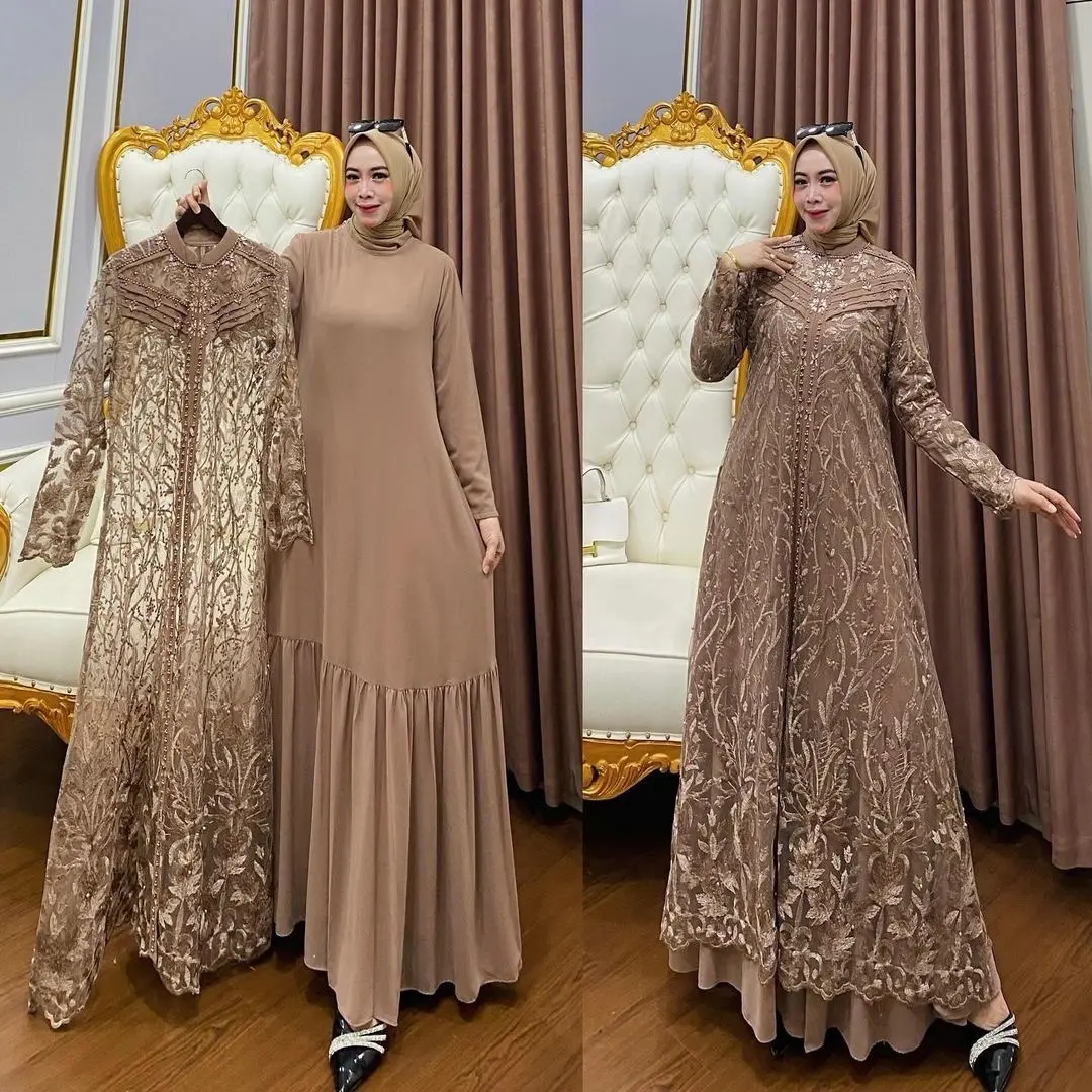 Gamis Farha Dress Plus Outher Brukat Terpisah Dress Pesta Kondangan 2in1 - Muslim Wanita kombinasi nazira melayu  idul hijab syari semi-karet sophistication ceruty simpel muslimah crinkle airflow bisa dicuci dengan mesin tile set rayya gaun