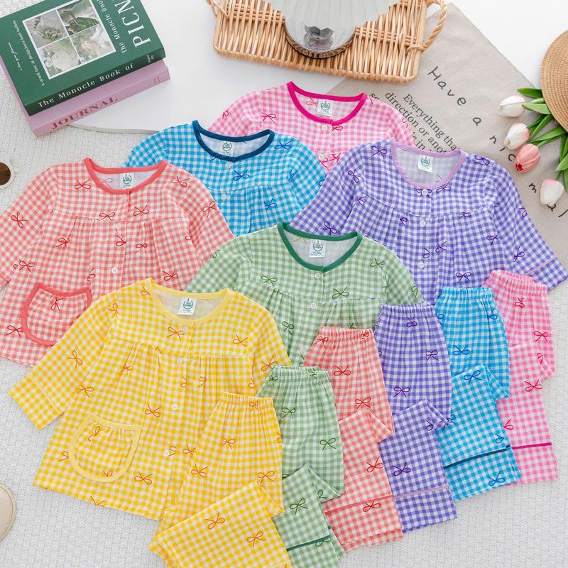 Tay Dài Quần Dài Họa Tiết Caro Nơ - Đồ Bộ Bé Gái - Bộ quần áo Tole Loại 1 mềm mịn mát size 9-35 kg 7-8 năm đồ ngủ Voi