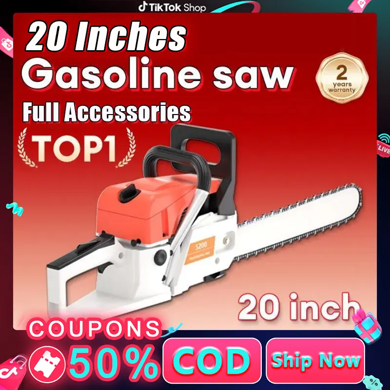 【Complete accessories】Gasoline Chainsaw 20 inches  Cordless (Orange）Chain Saw 52cc Wireless Electric