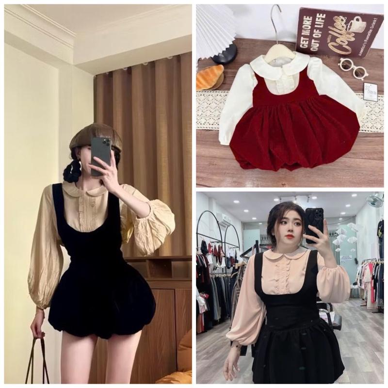   Bigsize 60_90kg  Set yếm bí Áo + yếm bí dáng váy  mã 530  vải côtton lạnh phối lụa 