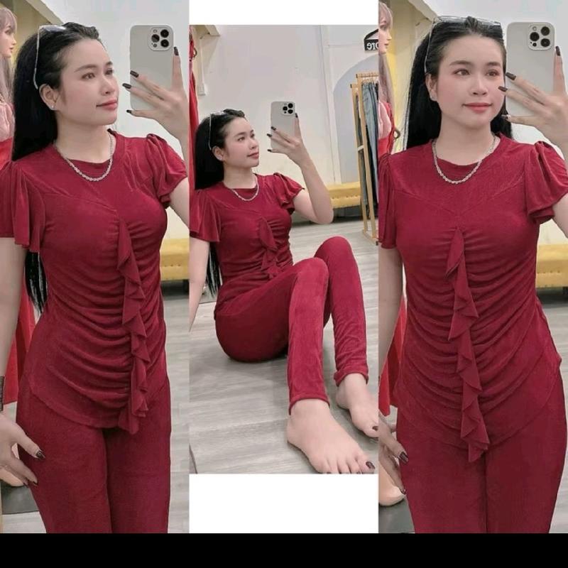 Q44 thun nhũ mỏng  ÁO  TAY TIÊN BÈO NHÚNG DỌC  QUẦN DÀI ÔM CÓ  LÓT  dưới 65kg đỗ lại vừa