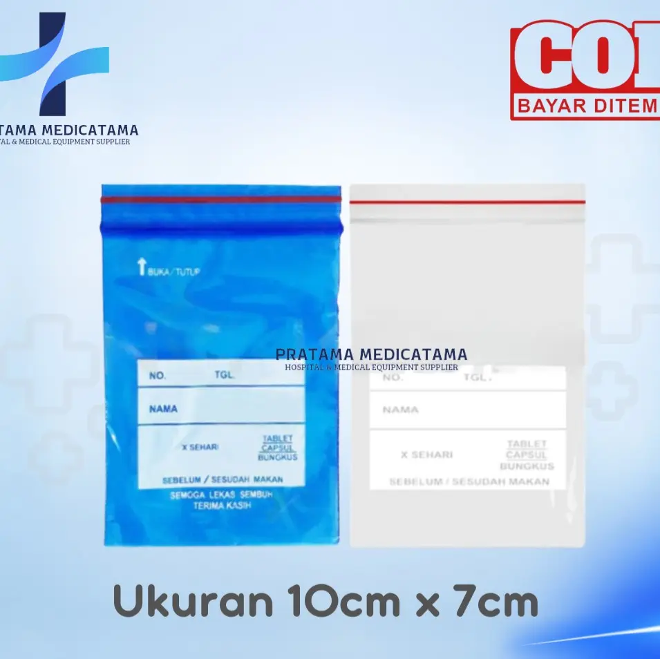 Plastik Klip Obat Sablon Bening Biru Ukuran 10cm x 7cm Isi 100