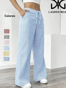 Pantalones de pierna ancha a rayas para mujer – Pantalones de cintura alta con cordón y bolsillos, de corte holgado, cómodos y ligeros para verano y otoño, ideales para uso diario o atuendos relajados.
