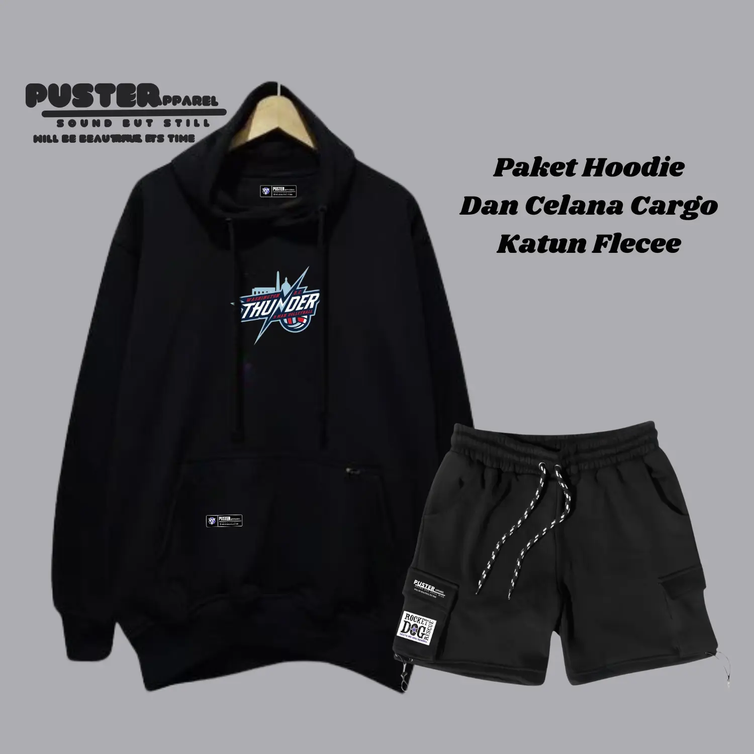 Oneset Hoodie Celana Pendek Pria Wanita Distro Stelan Sweater Celana Cargo Bahan Flece Brend Puster Apparel Size M L XL XXL