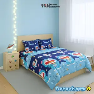 BEDCOVER SET Anak Doraemon/Bedcover+Sprei Bahan Katun Lokal Ukuran Single-Extra King