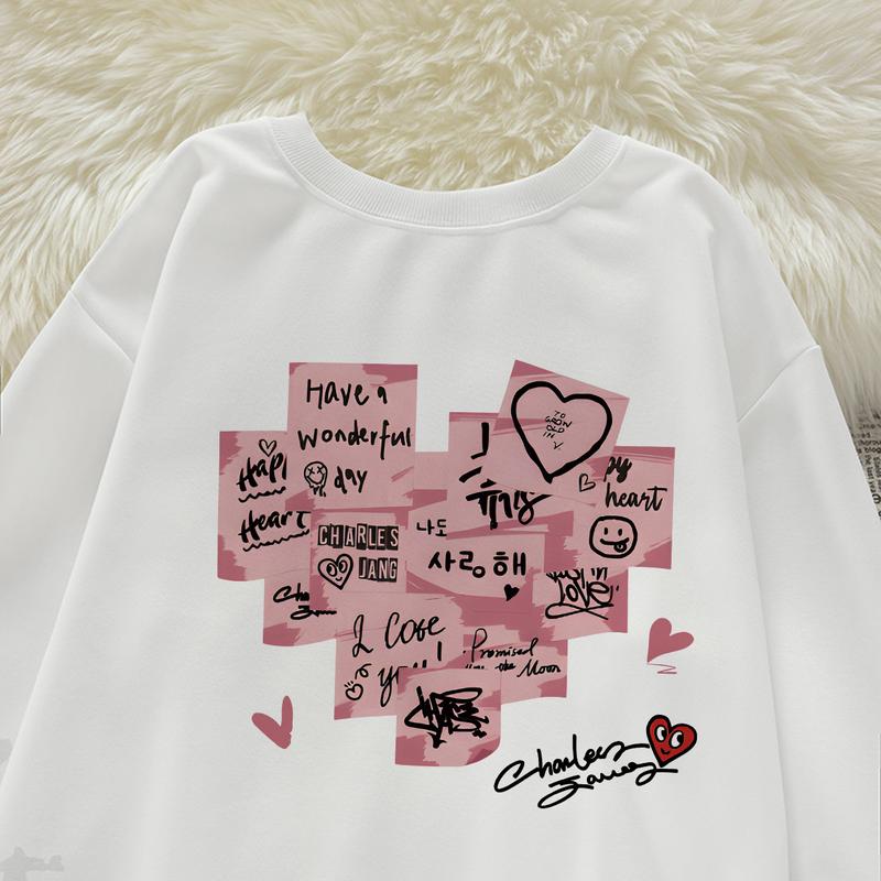 P000283 Hoodie wanita sweater hoodie leher bulat wanita / Catatan tempel berbentuk hati retro Amerika / sweater gaya kebesaran kasual modis  crewneck cewek aesthetic 0