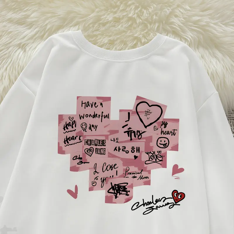 P000283 Hoodie wanita sweater hoodie leher bulat wanita / Catatan tempel berbentuk hati retro Amerika / sweater gaya kebesaran kasual modis  crewneck cewek aesthetic 0