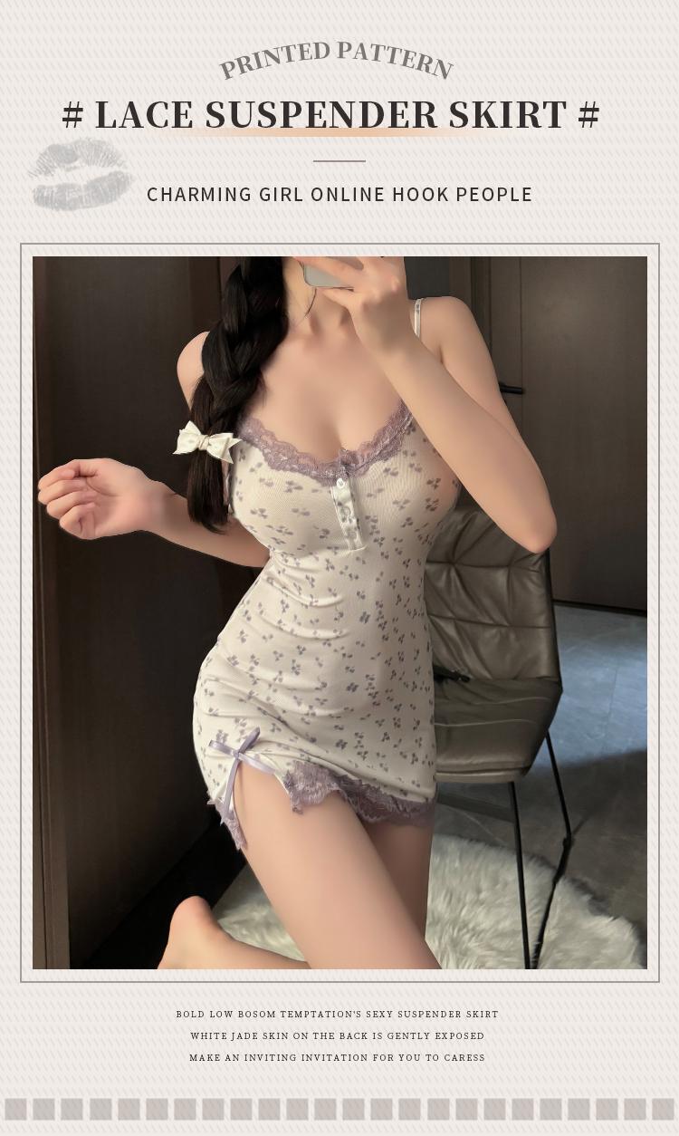 Product Introduction of A strappy sleep dress, pure and seductive lingerie, lace sleepwear, alluring and sexy strappy sleep dress for small breasts, one-piece dress. 1