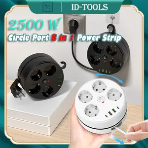 2500W Circle Port Soket standar Eropa 8 in 1 Power Strip Power Socket Stop Kontak Cable Stopkontak Colokan Kabel Sambungan Kabe 4Colokan+2USB+2TYPE-C USB Charger Panjang 2 meter Kabel yang dapat ditarik 3 lubang